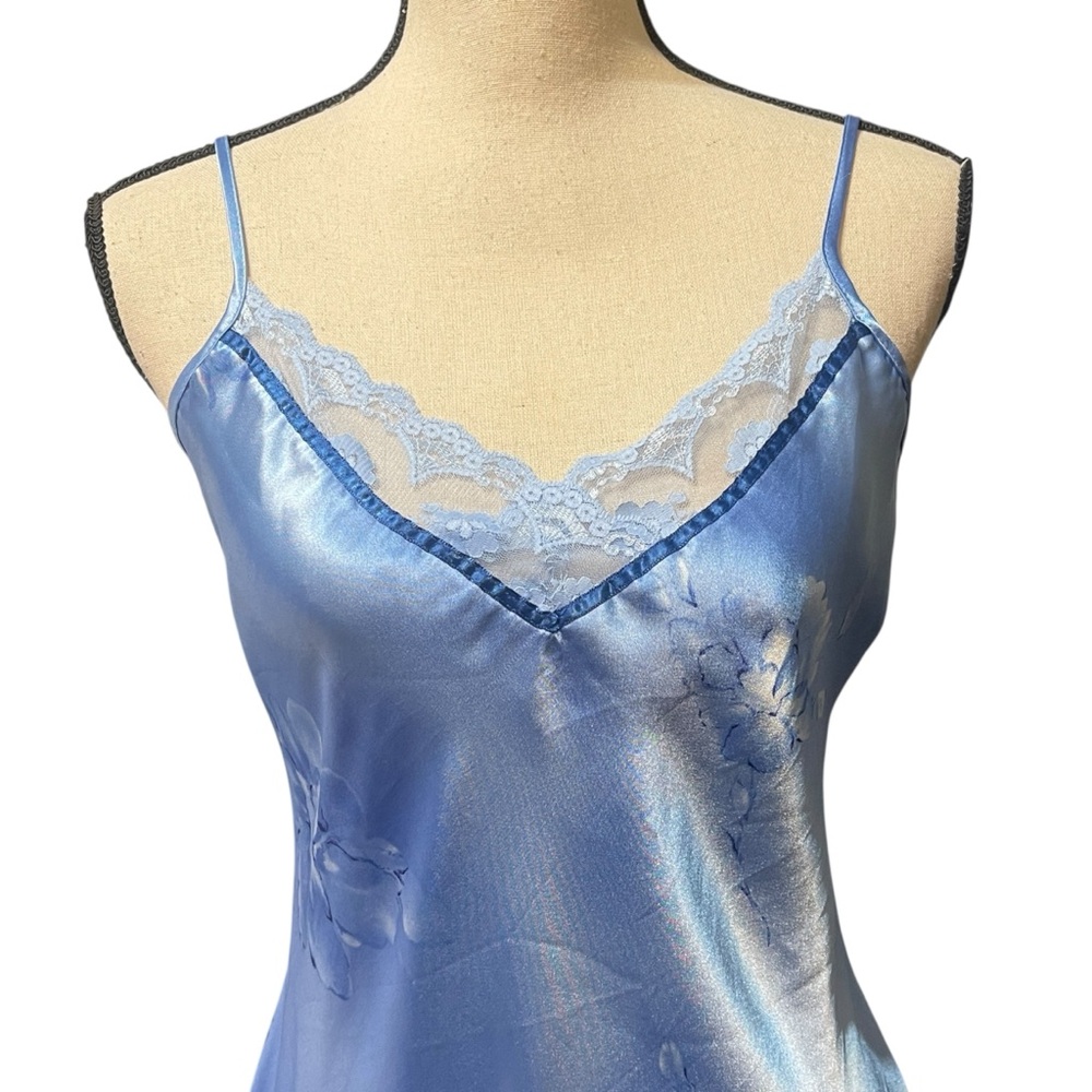 Private‎ Luxuries Vintage Blue Floral Shiny Satin Sexy Slip Dress Nightgown 8 - Picture 8 of 10
